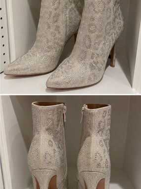 Crystal-Embellished Cream Pointed-Toe Stiletto Ankle Boots
